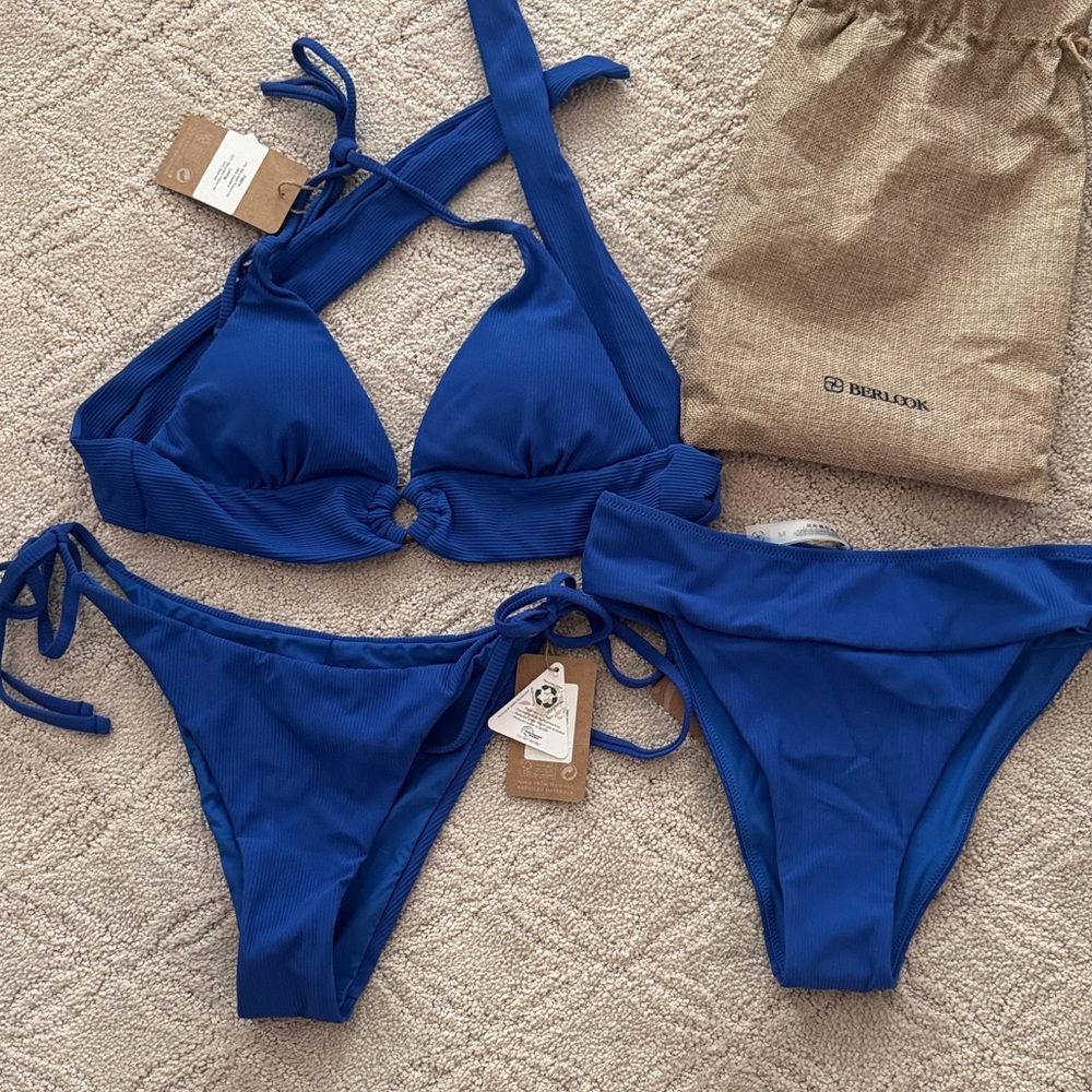 Berlook Women's Royal Blue Ribbed Bikini Set - Triangle Top & Tie Bottoms